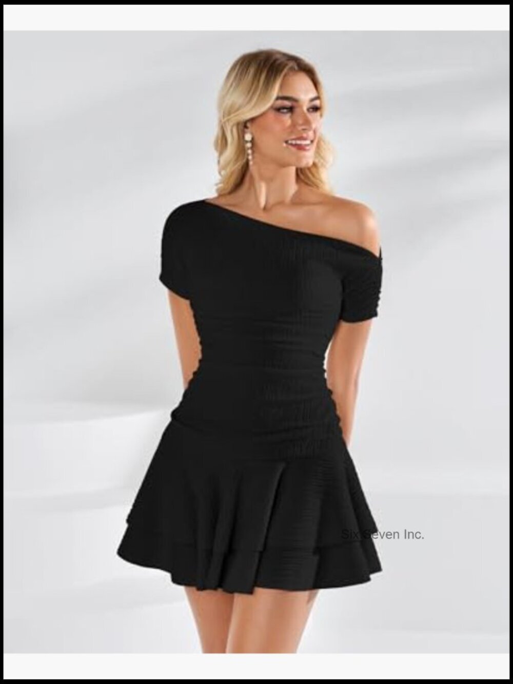 Off Shoulder Mini Dress with Ruffle Hem A-Line Fit Cocktail Party Dress - Picture 5 of 7